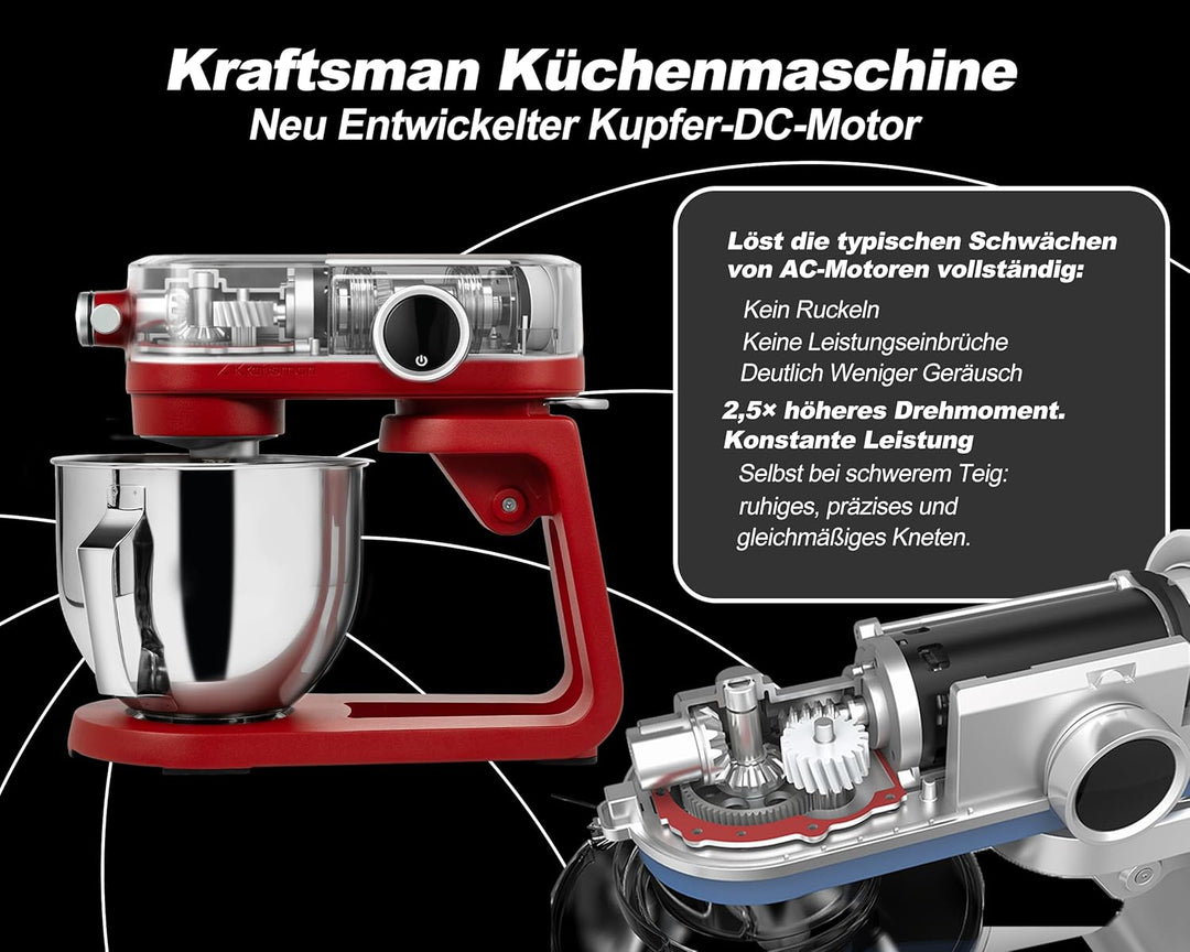 5L Vollmetall-Küchenmaschine,Pizzateig Knetmaschine,Teigmaschine mit leisem Kupfer-DC-Motor, 4 Edels