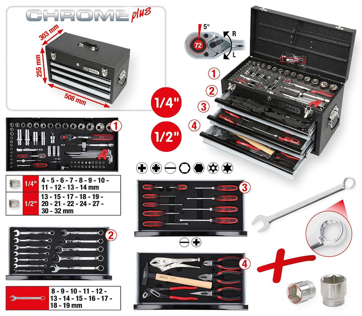 KS Tools 918.0200 1/4"+1/2" CHROMEplus Universal-Werkzeug-Satz, 99-tlg.