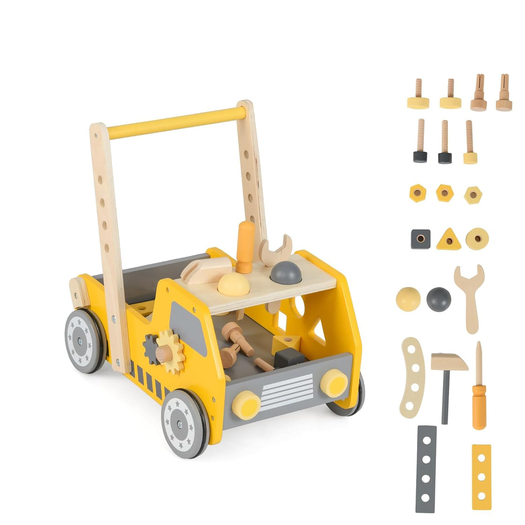 DREAMADE 2 in 1 Lauflernwagen aus Holz, mini-Werkzeugbank mit Rädern, Lauflernhilfe für Mädchen und