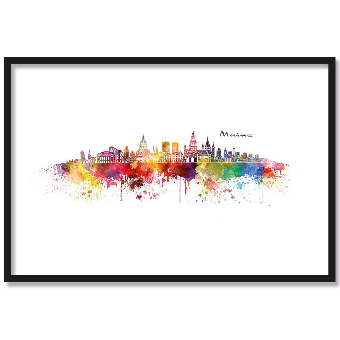 JUNIWORDS Poster mit/ohne Holzrahmen, Wähle ein Motiv, Aquarell Skyline Mainz, Wähle eine Grösse, 21