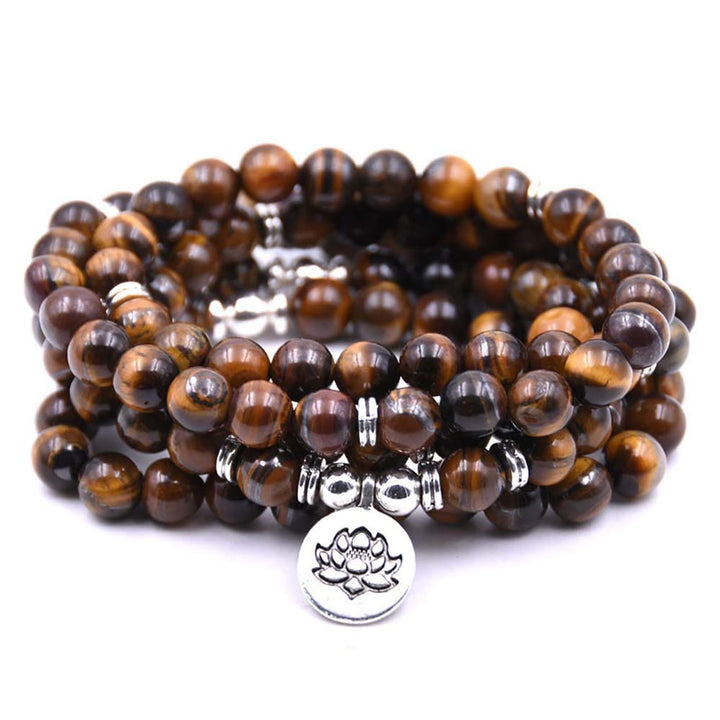 108 Naturperlen Mala Yoga Armband mit Lotus Charm Braunes Tigerauge (Brown Tiger Eye), Braunes Tiger