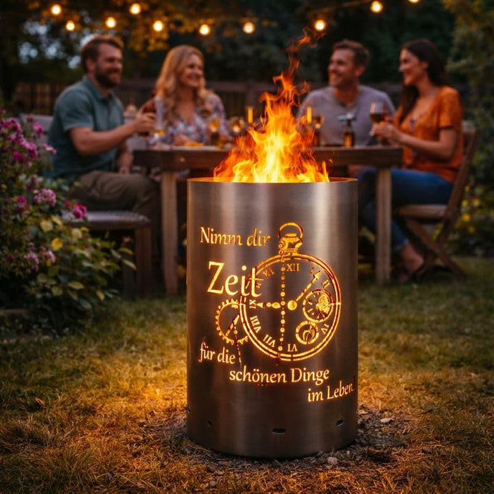 Feuertonne Feuerkorb mit Zeit Motiv - Nimm dir Zeit für die schönen Dinge im Leben - Gartenfeuer Lag