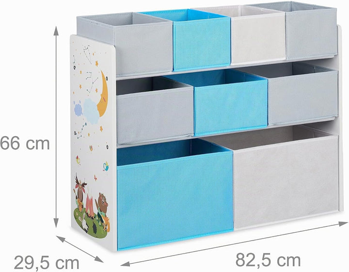 Relaxdays Kinderregal mit 9 Stoffboxen, Lagerfeuer Kindermotiv, Spielzeugregal Organizer HBT 66 x 82