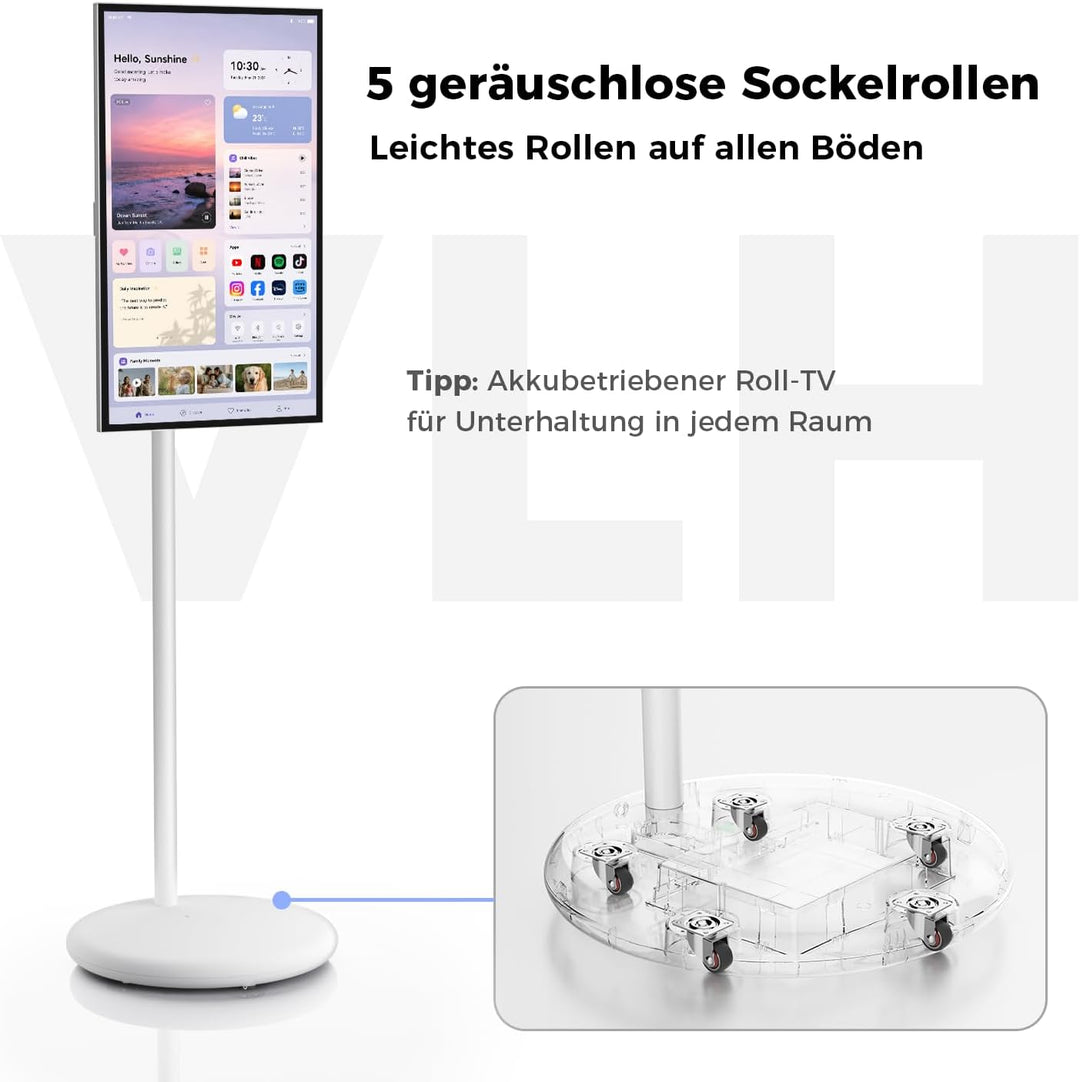 VLH 27 Zoll Portable TV auf Rollen, FHD Mobiler Tragbarer Fernseher, Android 15, EDLA-Zertifiziert,