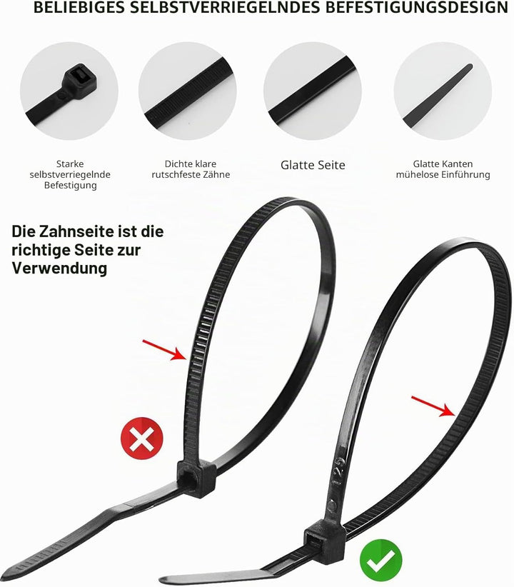 50 Stück 300mm x 7,6 mm Kabelbinder Schwarz, Zip Kabelbinde Gross UV Beständig, Schwarz Kabelbinde M