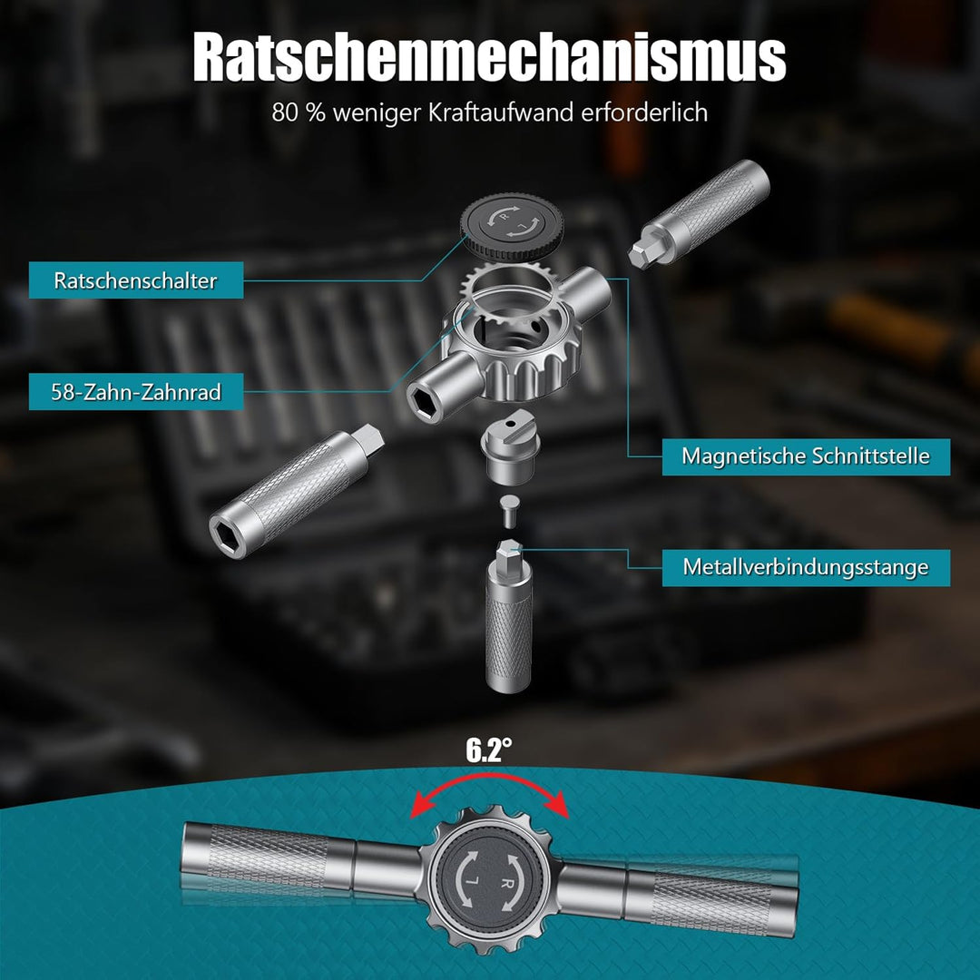 66-in-1 Ratschenschraubendreher Set, Magnetic Screwdriver Set mit 62 S2-Bits, Abnehmbarem Ratschengr