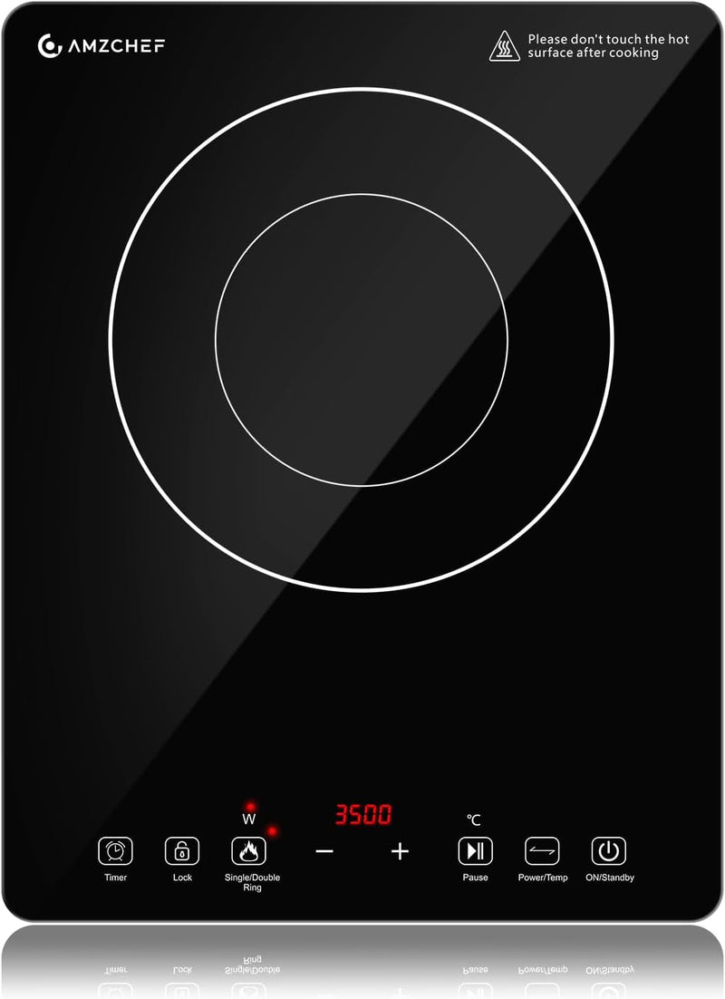 AMZCHEF Einzel Induktionskochplatte, 3500W Induktionskochfeld 1 Platte mit Doppelter Ring, 9 Leistun