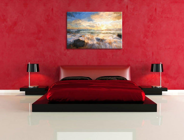 Pixxprint Sonnenuntergang am Meer als Leinwandbild/Grösse: 100x70 cm/Wandbild/Kunstdruck/fertig besp