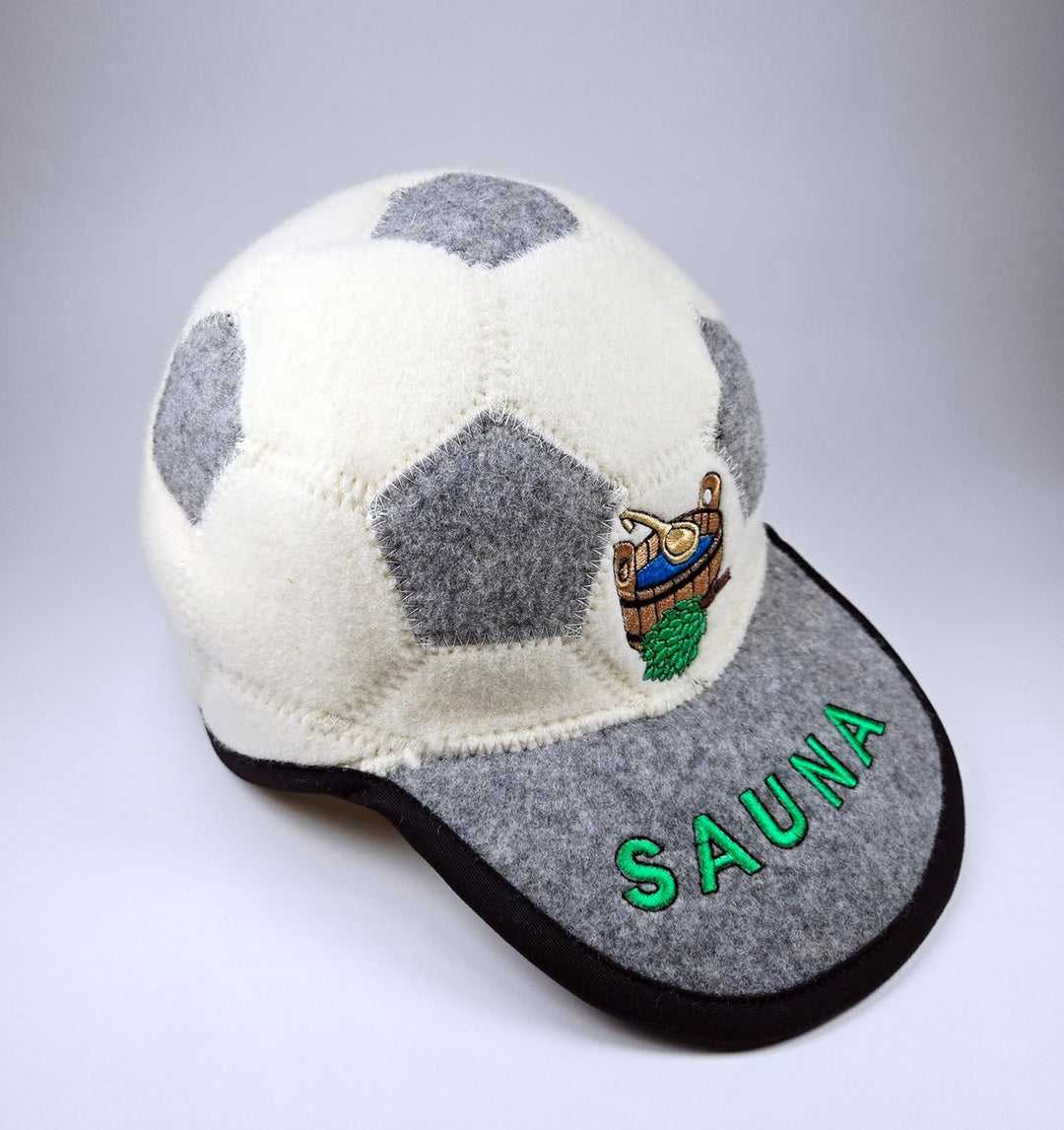 Sauna Mütze Saunahut aus 100% Wolle Organische Wollfilzmützen Fussballform, 6mm Dick, Grau-Weiss