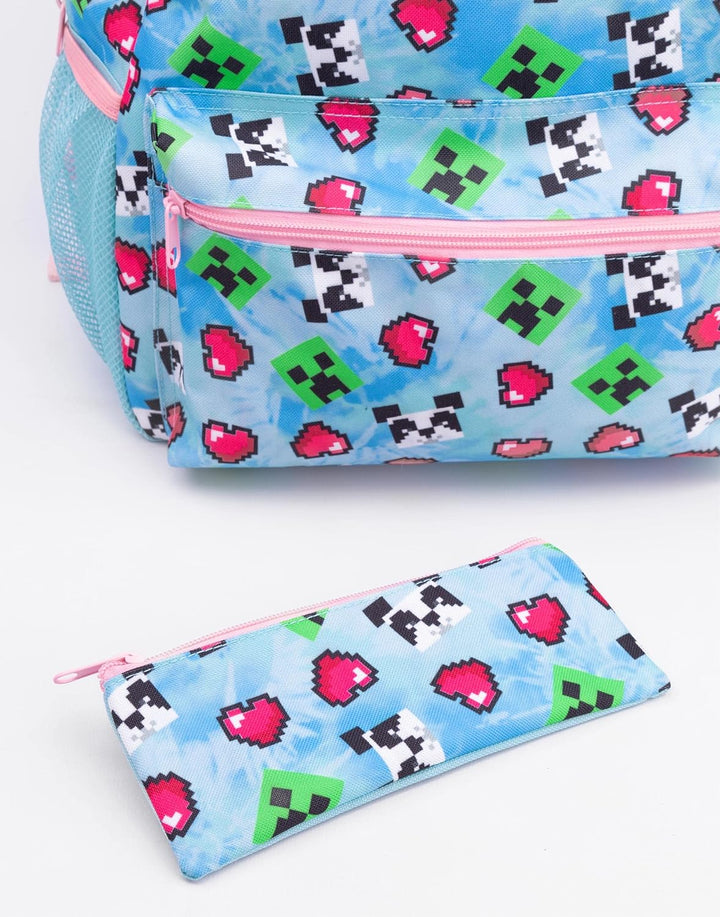 Minecraft Rucksack und Brotdose Set für Mädchen | Kinder 4-teilig Creeper Panda Herzen Blau Schulruc