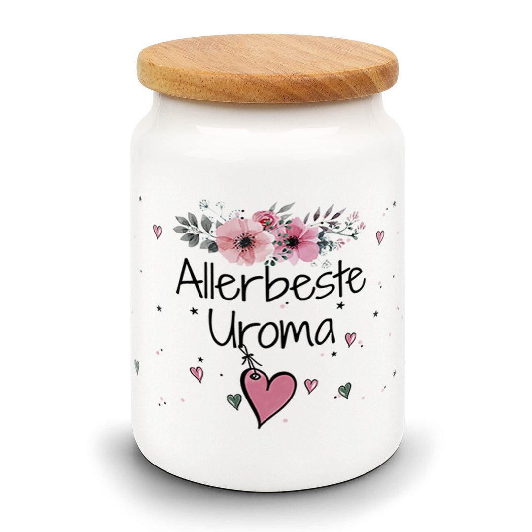 PR Print Royal Vorratsdose mit Spruch - Allerbeste Uroma - Hochwertige Keramikdose mit Holzdeckel -