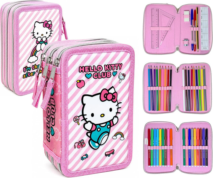 3-Fach Federmäppchen Gefüllt Mädchen (6-10 Jahre) für Hello Kitty Fan – 3D-Effekt Federtasche Schule