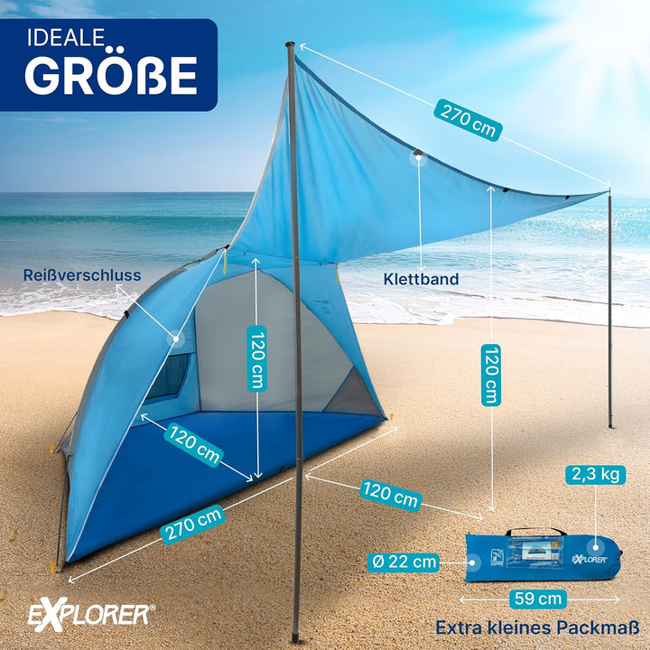 EXPLORER Strandmuschel [270x120x120cm] **mit Sonnendach/verschliessbar ** UV Schutz 80+ mit Boden Ga