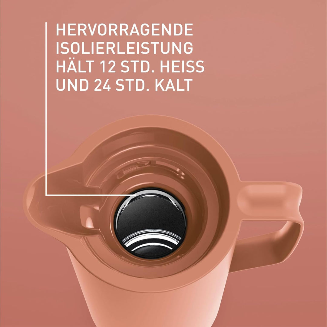 Emsa N41709 Motiva Isolierkanne | 1 Liter | Quick-Press-Verschluss | 12h heiss, 24h kalt | Glaskolbe