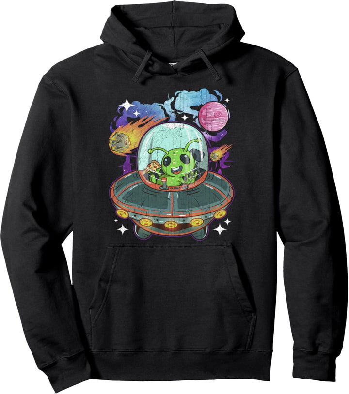 Alien Eating Pizza Spaceship UFO Lover Vintage Space Trip Pullover Hoodie