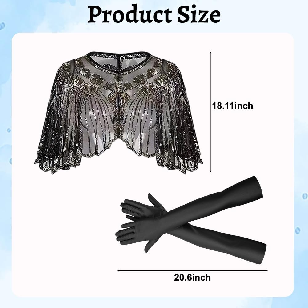 1920er Jahre Retro Schal Set mit Pailletten &amp; Perlen 2 Stück, Umschlagtuch Cape für Damen, Lange Sat