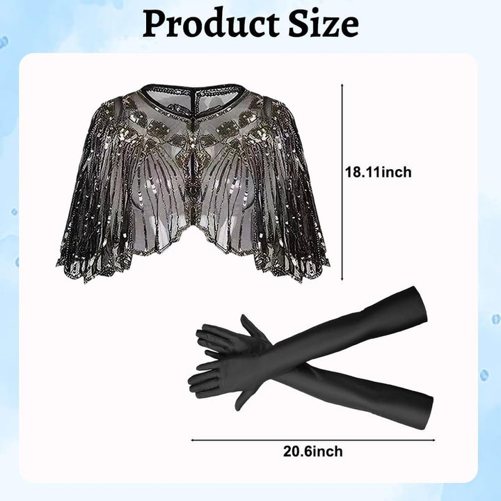 1920er Jahre Retro Schal Set mit Pailletten &amp; Perlen 2 Stück, Umschlagtuch Cape für Damen, Lange Sat