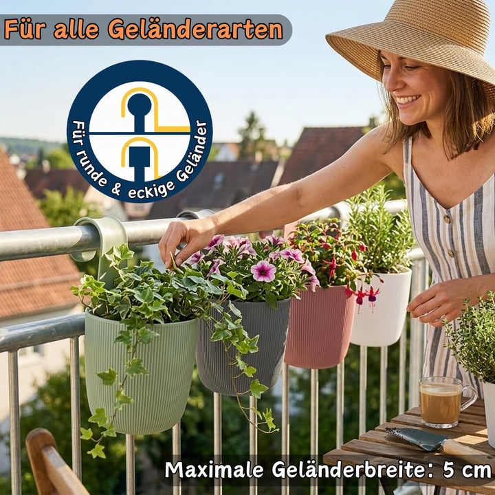 ENGELLAND 6 x Blumentopf zum Hängen, integriertes Drainagesystem, Farbe: Anthrazit, Ø 15 cm, Pflanzt