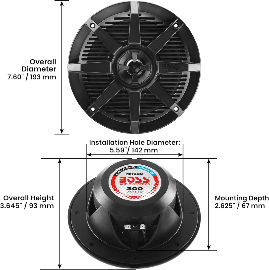Boss Audio MR62B 6.5" 2-Way 200W Marine Full Range Speaker - Black - Pair 16.5 cm schwarz 200W MR62B