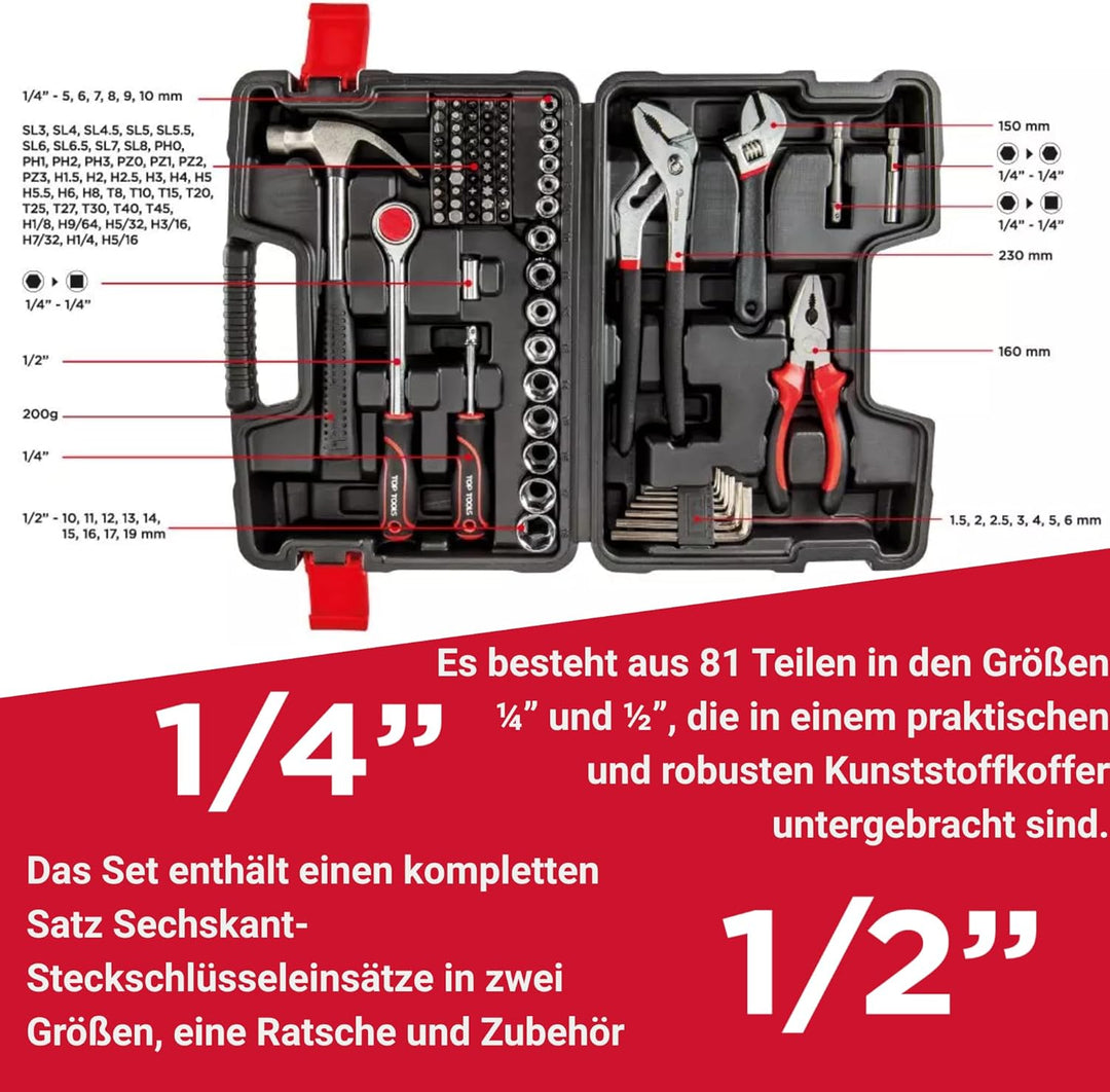 TOP TOOLS Werkzeugkoffer 81-teilig 1/4 & 1/2 Zoll – Steckschlüsselsatz mit Knarre, Zangen, Hammer &
