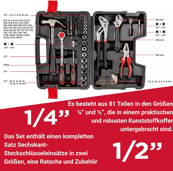 TOP TOOLS Werkzeugkoffer 81-teilig 1/4 & 1/2 Zoll – Steckschlüsselsatz mit Knarre, Zangen, Hammer &