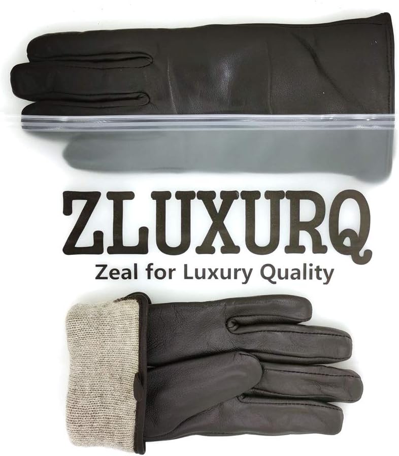 ZLUXURQ Damen Weiche Echte Lammfell Leder Touchscreen Winter Fahrhandschuhe Kaschmir gefüttert, Brau
