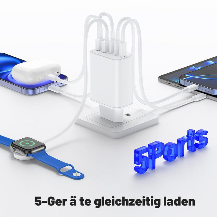 Schnellladegerät 5Port USB-C und USB-A, USB C Ladegerät Power Adapter, Schnellladeblock Fast Charger