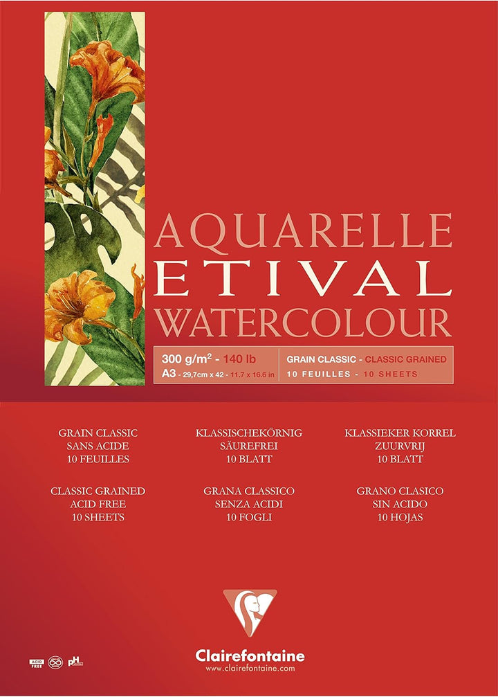 Clairefontaine 96394C Aquarellblock Etival (matt, 300g, für alle Nasstechniken geeignet, 1-seitig ve