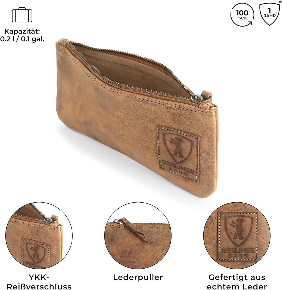 Berliner Bags Vintage Federmäppchen Etui aus Leder mit YKK-Reissverschluss, Robuste Federmappe für S