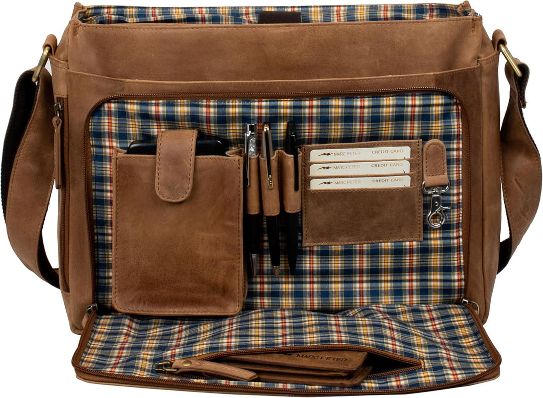 Marc Peter® Bergen leder Umhängetasche für Herren Damen | 15.6 Zoll Laptoptasche | Aktentasche aus e