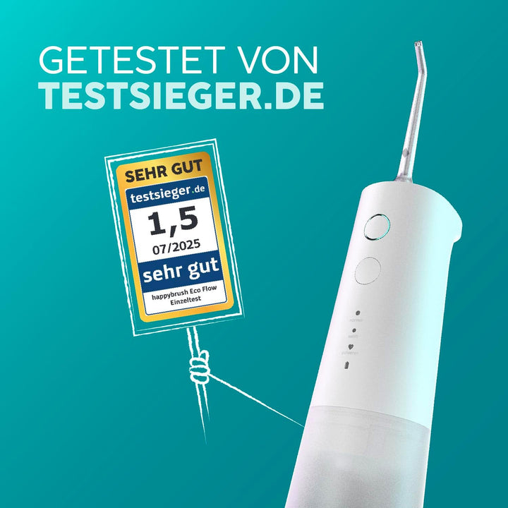 happybrush® Munddusche weiss - TESTSIEGER* – 100 Tage testen - Kabelloser Water Flosser für Zahnrein