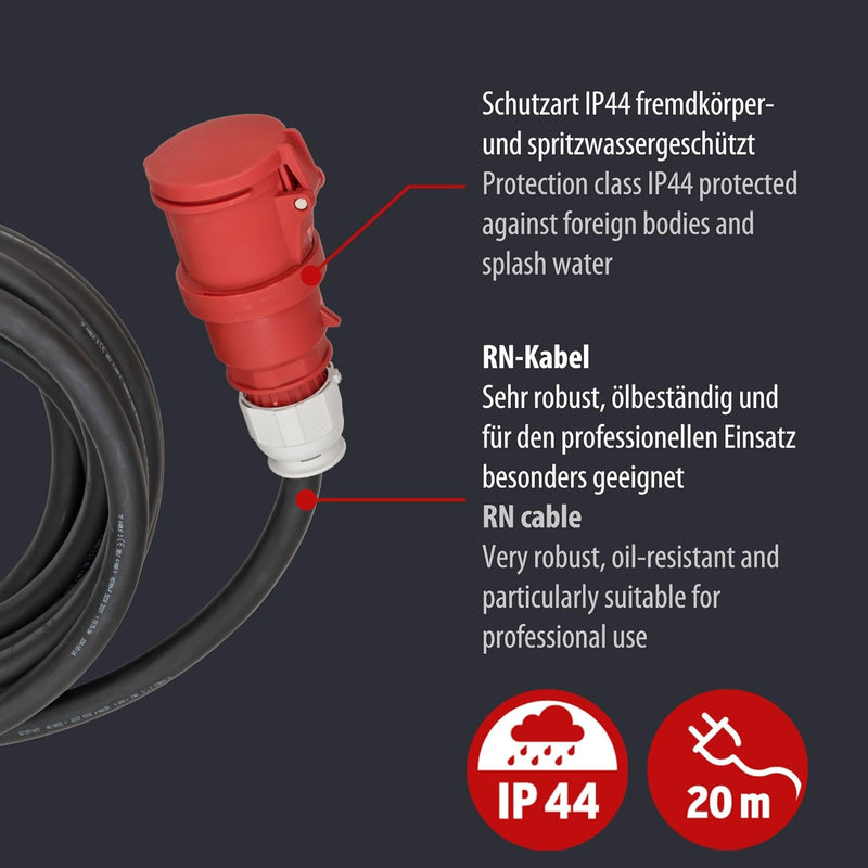 Brennenstuhl CEE Verlängerungskabel IP44 (20m Kabel, H07RN-F 5G16,0, 400V/63A 5-polig mit CEE Stecke