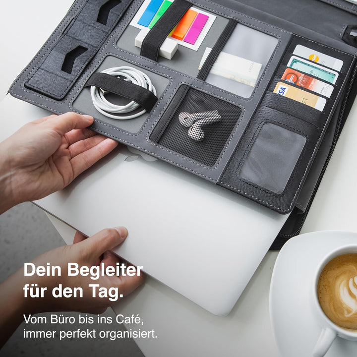 Vebon® Konferenzmappe A4 London aus Veganem Leder mit Reissverschluss I Schreibmappe + Laptoptasche