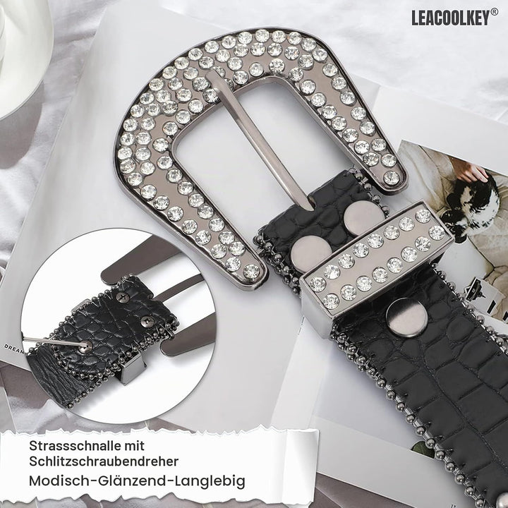 LEACOOLKEY Damen Männer Mode Strass Gürtel, Western Cowgirl Nieten Punk PU Ledergürtel für Jeans XL: