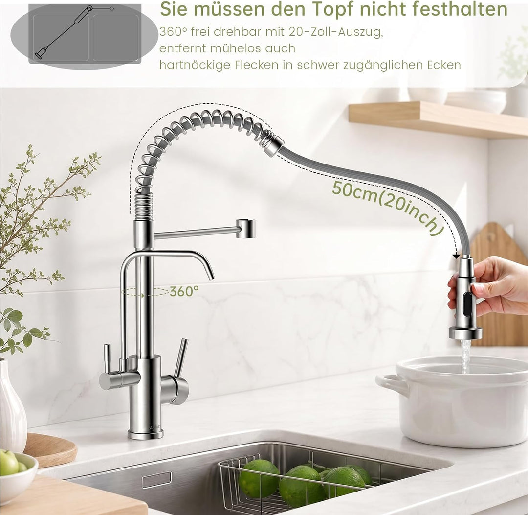 3 Wege Wasserhahn Küche, 3 in 1 Wasserhahn Küche Ausziehbar Gebürstet Edelstahl 3 Wege, Gebürstet Ed