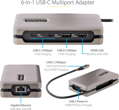 StarTech.com USB C Multiport Adapter-Dockingstation, USB-C Auf HDMI 2.0b 4K 60Hz, HDR, USB Hub, Ethe