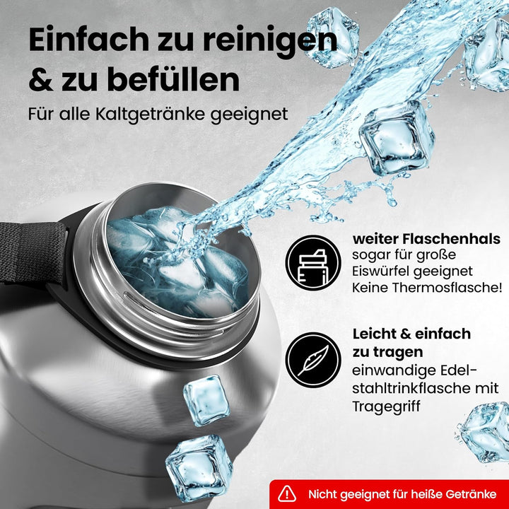 Trinkflasche Edelstahl ACTIVE FLASK + Strohhalm (3 Deckel) | Grosse 1,3 / 2,2 Liter Sportflasche BPA