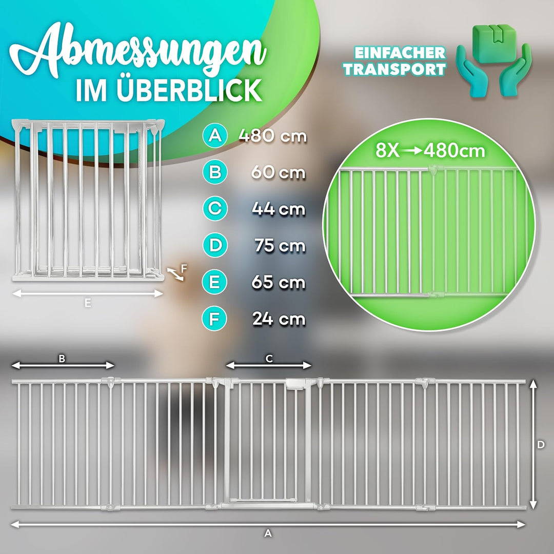 KIDUKU® Kaminschutzgitter mit Tür Metall 480 cm | Absperrgitter ohne Bohren | Ofenschutzgitter als K