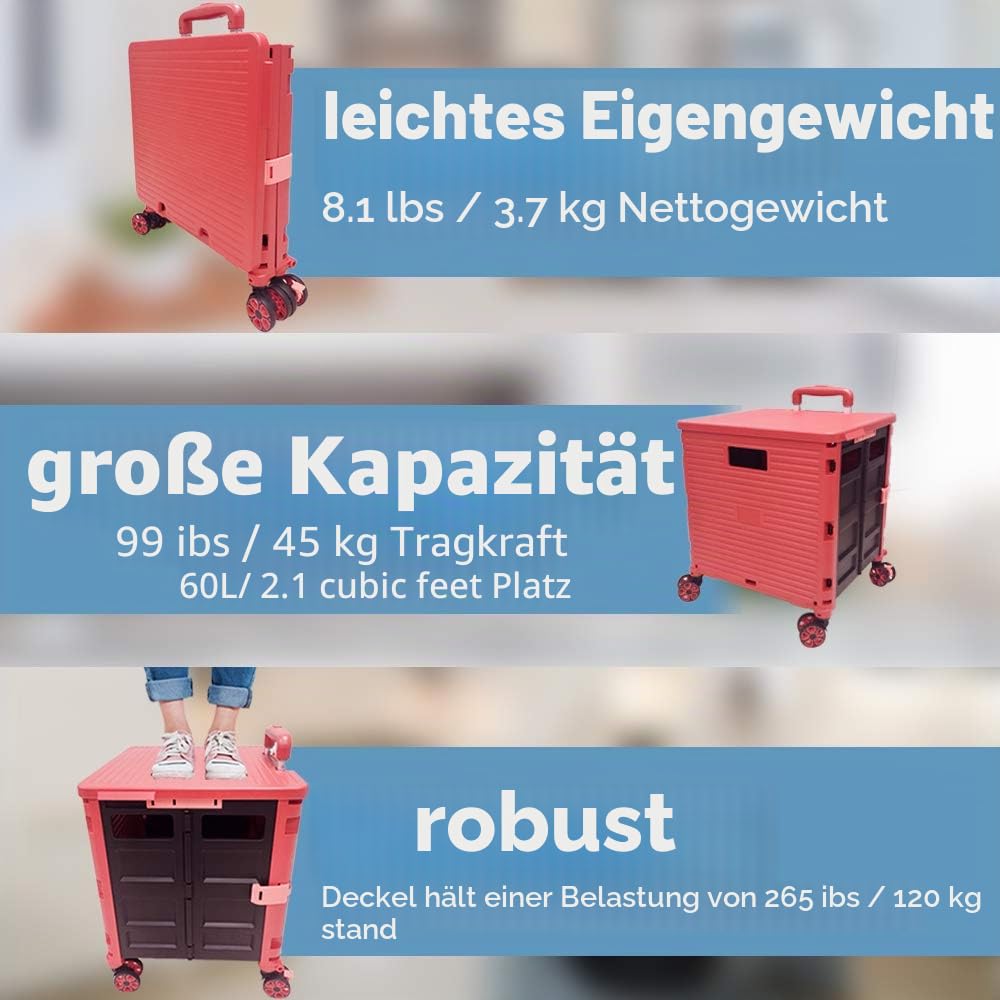 Faltbare Einkaufstrolley-Box auf Rädern mit Deckel, verschleissfester, geräuschloser 360 ° -Drehung