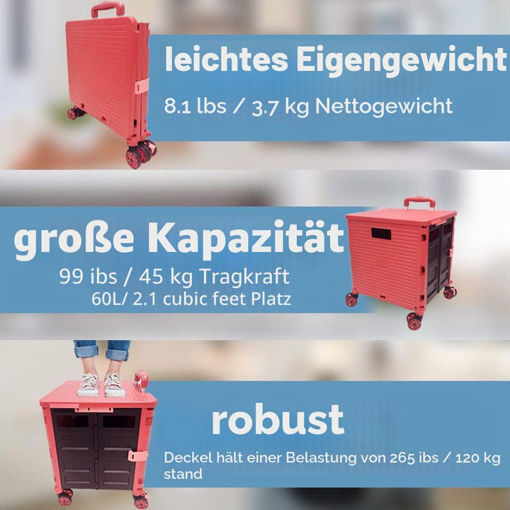 Faltbare Einkaufstrolley-Box auf Rädern mit Deckel, verschleissfester, geräuschloser 360 ° -Drehung