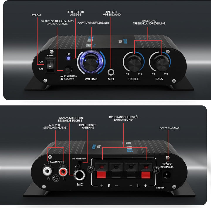 Pyle Mini Bluetooth Stereo Verstärker, 90W Audio Receiver mit 3 Eingänge, 2 Kanal, EQ Controls für d