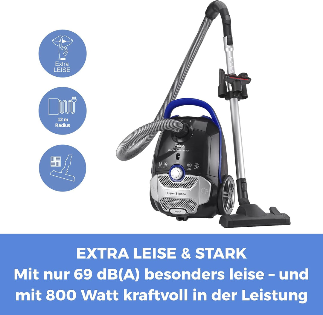 Fakir Blue Vac Power TS 721 Staubsauger mit Beutel 800W, Bodenstaubsauger mit Kabel, HEPA H14 Filter