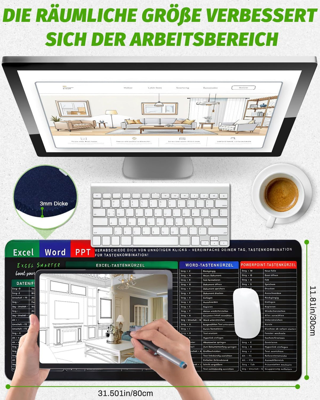 Excel Mauspad Deutsch Gross 800x300mm | Harte & Dicke Oberfläche, Starke Haftung | Glatte Gaming Mou