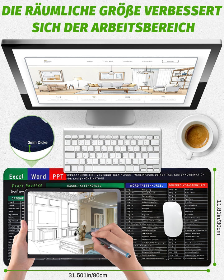 Excel Mauspad Deutsch Gross 800x300mm | Harte & Dicke Oberfläche, Starke Haftung | Glatte Gaming Mou