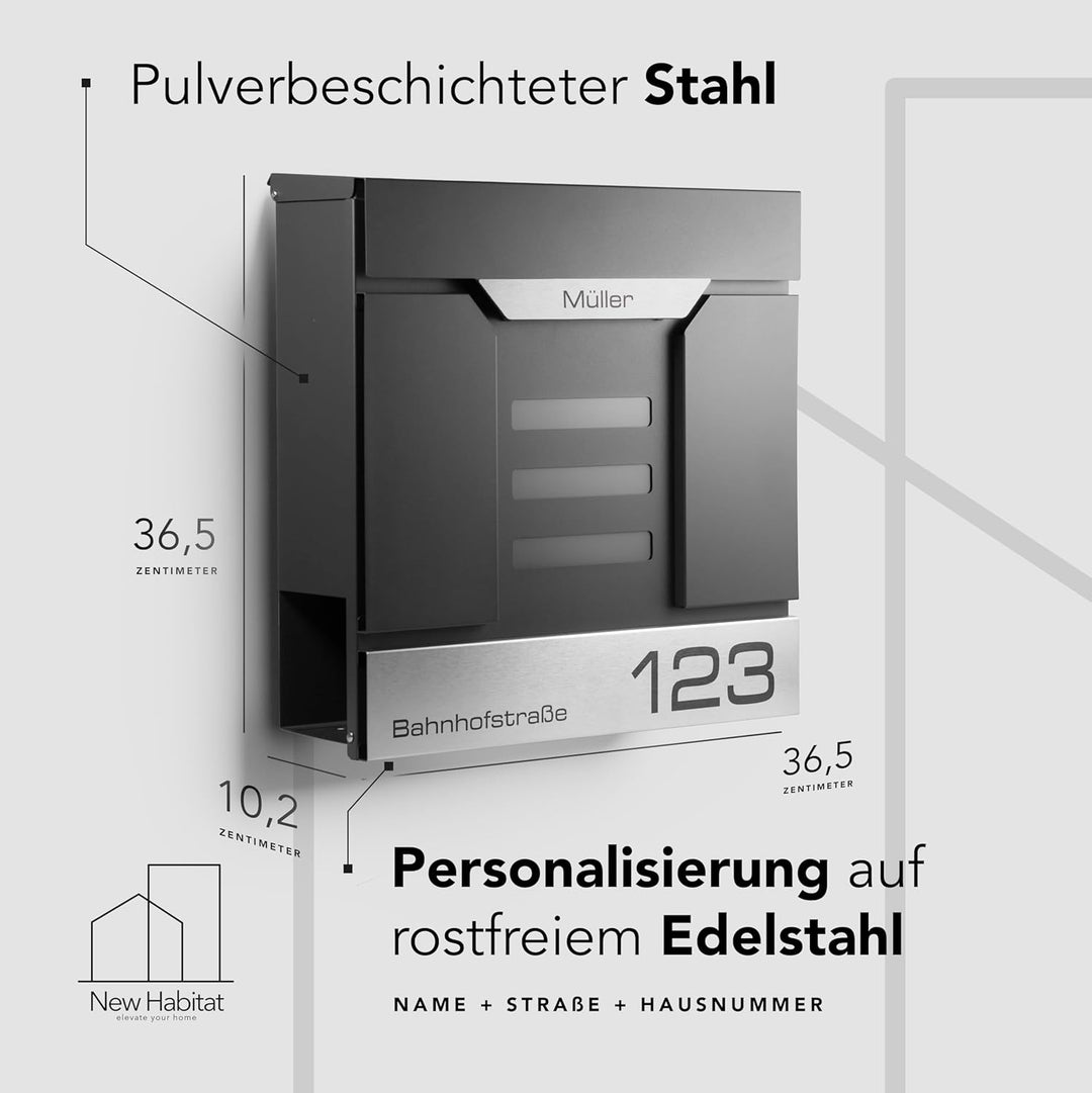 Moderner Briefkasten Personalisierbar Mailand Anthrazit RAL7016 - mit Zeitungsfach - Wandbriefkasten