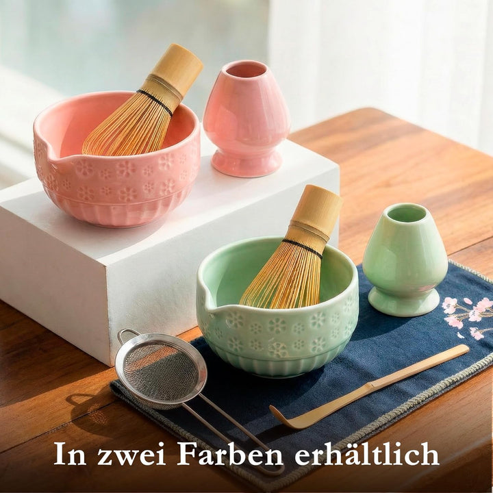 Matcha Set, Keramik Matcha Tee Set Mit Schale, Bambusbesen, Löffel, Sieb, Löffelablage, Besenhalter,