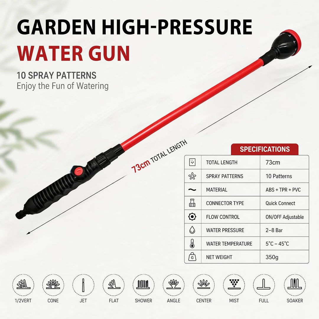 Flexibler Garten Giessstab 73cm, 10 Sprühfunktionen & 360° Schwenkkopf, Gartenbrause mit Durchflussk