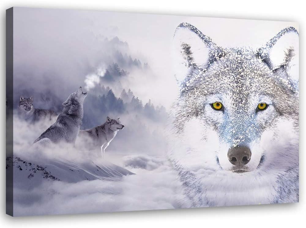 Feeby Bilder Wölfe im Nebel XXL 120x80 cm 1 Teilig Wohnzimmer Schlafzimmer Modern Bilder Leinwandbil