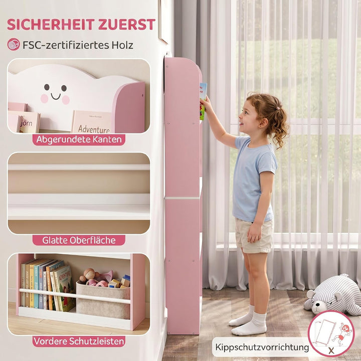 AIYAPLAY Bücherregal Kinder Wandregal mit 4 Etagen 60 x 15 x 120 cm Rosa | Zuckerwatte-Design, Spiel