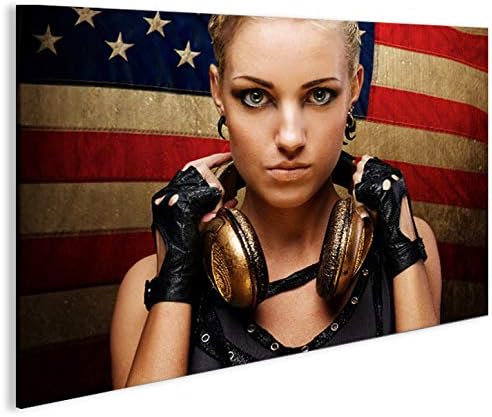 islandburner Bild Bilder auf Leinwand Girl USA Flagge Kopfhörer 1p XXL Poster Leinwandbild Wandbild